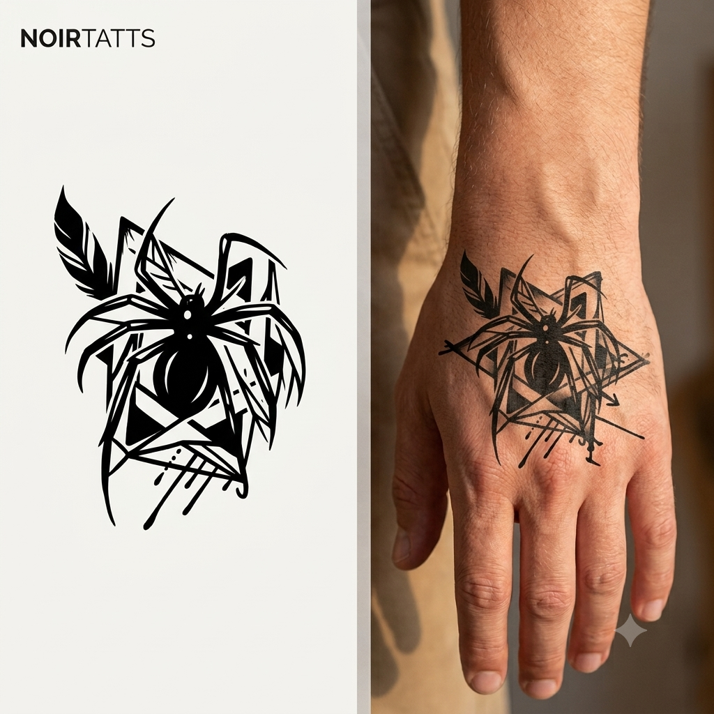 Abstract Geometric Spider & Feather | Semi-Permanent Tattoo
