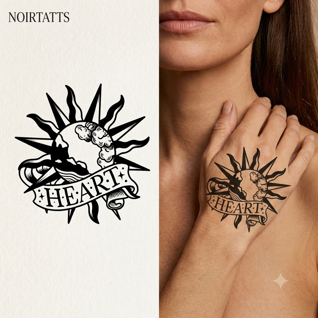 Celestial Heart & Sun Burst | Semi-Permanent Tattoo