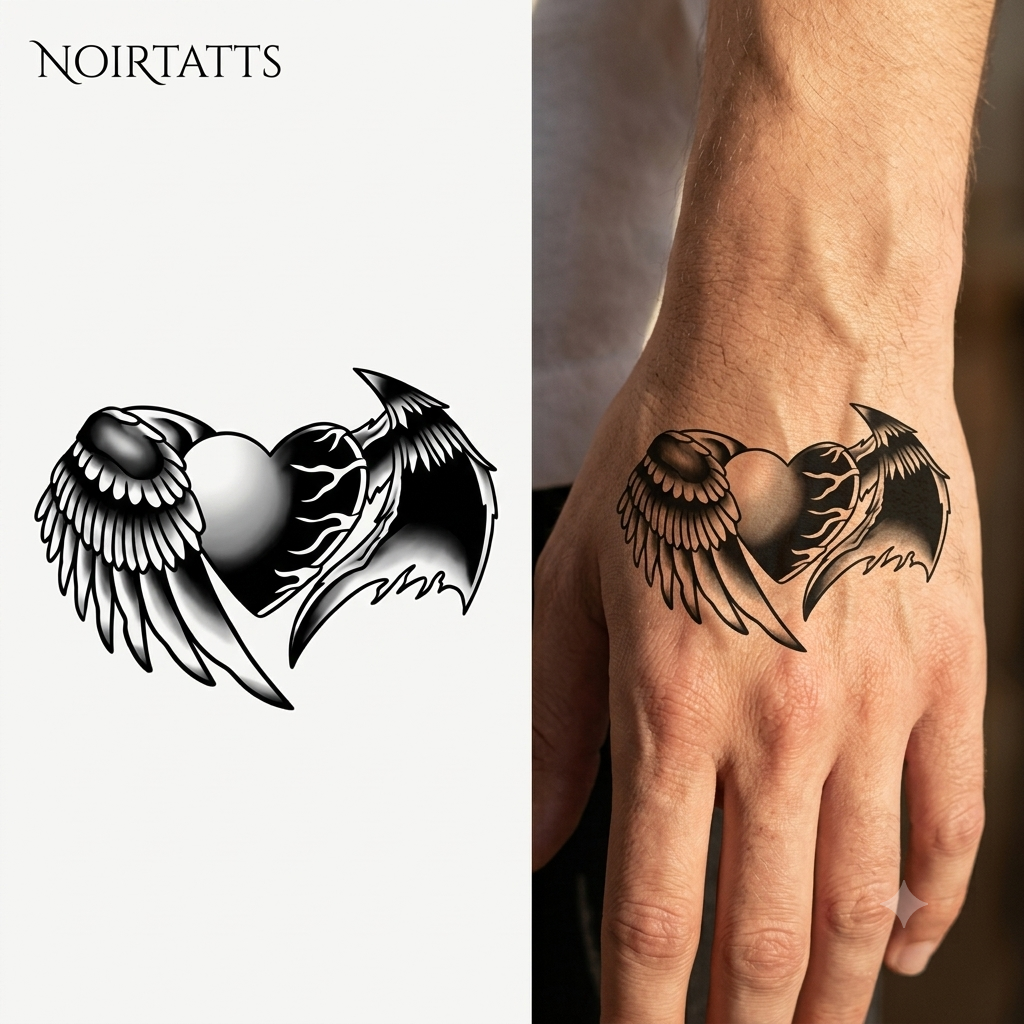 Light and Dark Winged Heart | Semi-Permanent Tattoo