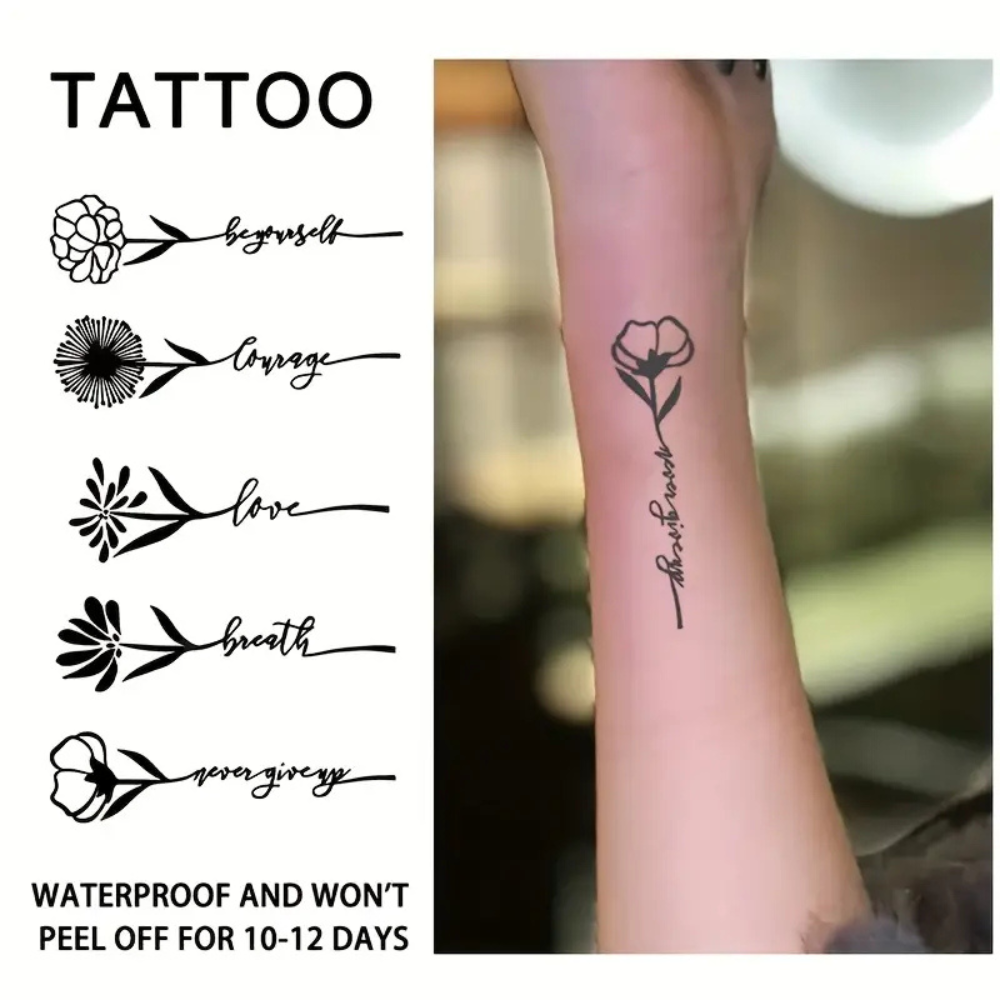 Set of 5 Black Floral Style Temporary Tattoo